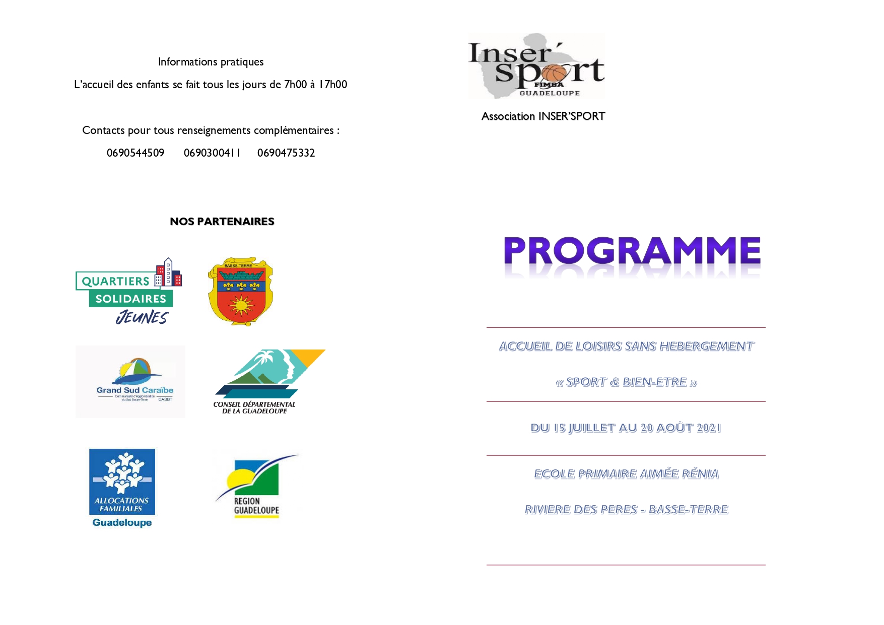 Association Inser' Sport : programme du 15 juillet au 20 août